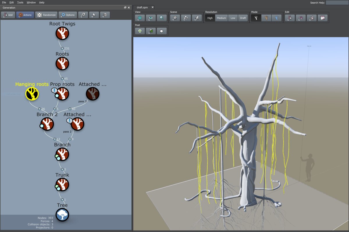 Screenshot of SpeedTree showing an attempt to model a banyan with realistic prop roots